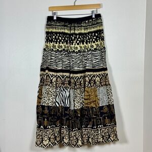 White Stag Women Tiered Maxi Skirt L Black Multi Patchwork Animal Tribal Cotton